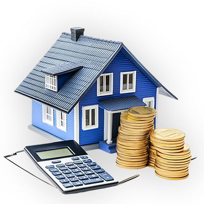 Illustration of a small house with stacked gold coins and financial documents, representing the benefits of direct private money lending, including fast approval, flexible loan terms, and high loan-to-value ratios.